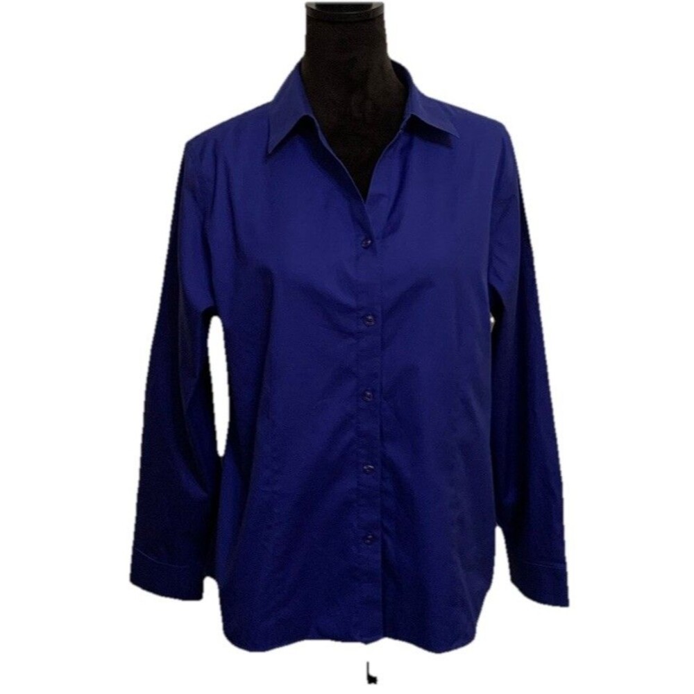 Chicos Size 2 Womens Large Top No Iron Button Front Royal Blue Long Sleeve